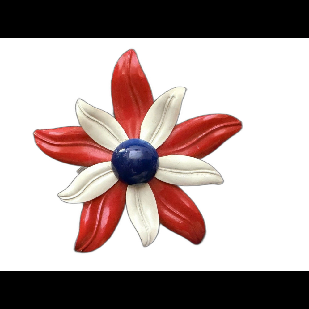 Vintage Red White Blue Enamel Flower Brooch Large 3 Inch Patriotic Pin